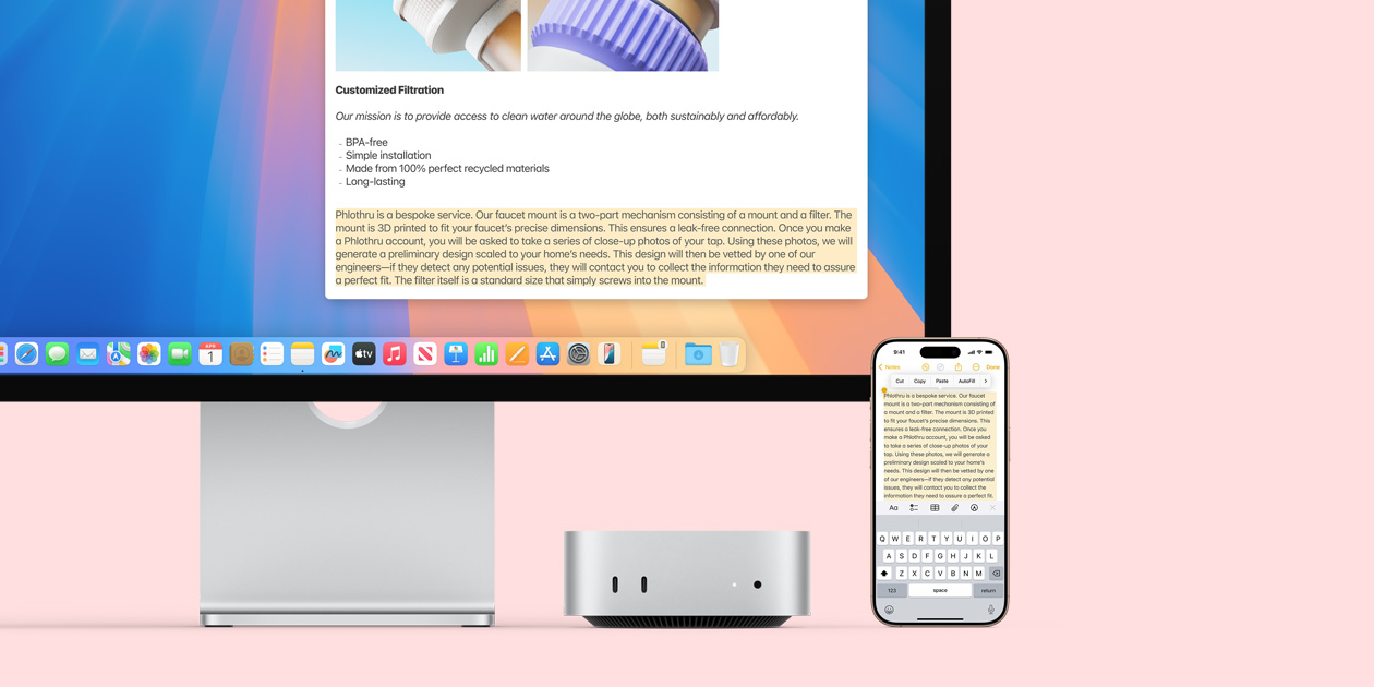 Järjestikku paigutatud Maci monitor, hõbedane Mac mini ja iPhone, kus monitori ja iPhone'i ekraan näitavad Universal Clipboard'i funktsiooni, mis võimaldab sisu kopeerida ja kleepida ühest Apple'i seadmest teise.