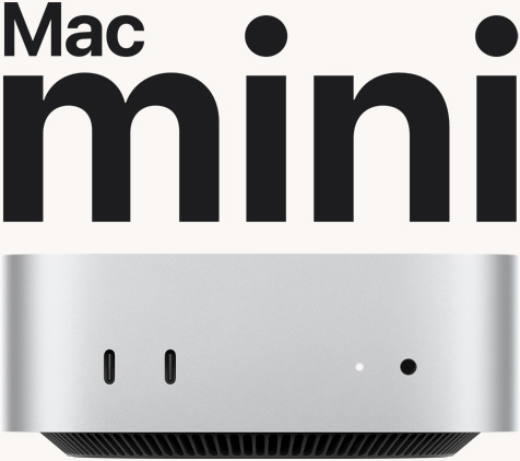 Hõbedase Mac mini esivaade, nähtaval esiküljel olevad liidesed ja indikaatornäidik.