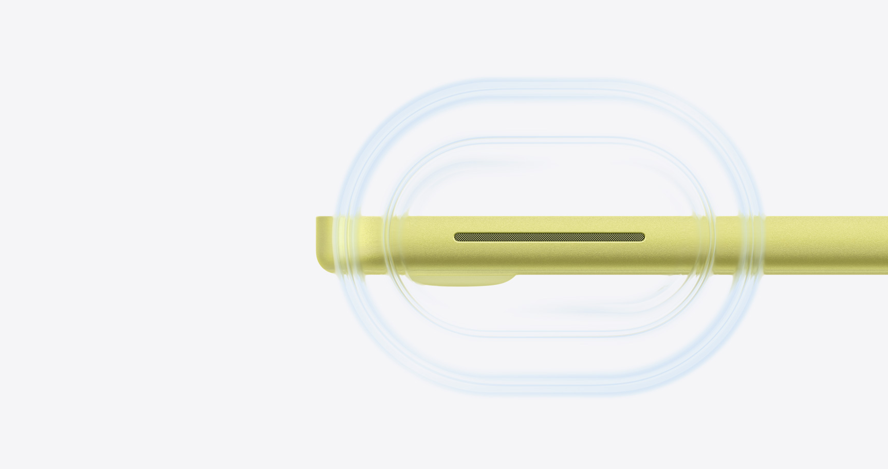 MacBook Neo, couleur jaune agrume, ouvert, ondes sonores partant du haut-parleur situé du côté droit de l’ordinateur et allant vers l’avant