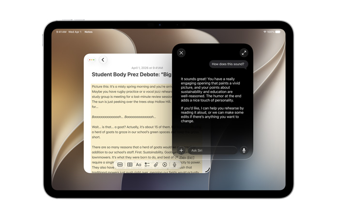 11 Zoll iPad Pro, Silber, Vorderansicht, das Display zeigt die Notizen App mit Text, Anfrage an Siri AI, neuen Inhalt zu erstellen