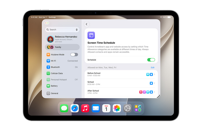 Ein 11 Zoll iPad Pro in Silber, Display zeigt die Optionen für Nutzungszeit und Zeitpläne für Bildschirmzeit in den Einstellungen, mit denen Eltern die Nutzung und Medienkategorien für ihr Kind festlegen können