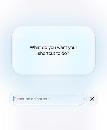 Ein Display zeigt die Anfrage und Antwort von Siri AI und einer Person zur Funktion eines Kurzbefehls an: „Was soll dein Kurzbefehl tun?“