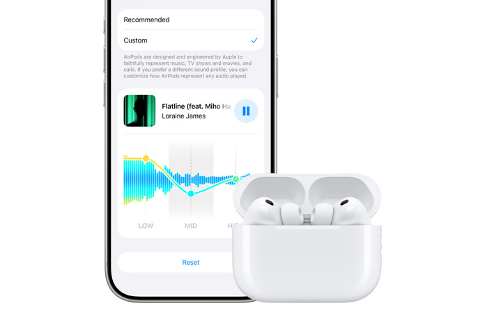iPhone 17 Pro, argent, de face, options de plage sonore personnalisée pour les basses, moyennes et hautes fréquences des AirPods