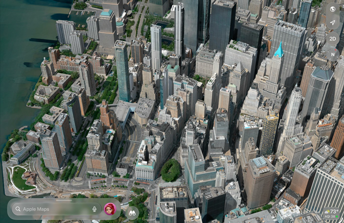 Apple Plans affichant une vue aérienne détaillée d’une ville avec des immeubles, des routes et des espaces verts