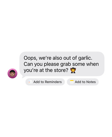 Eine empfangene iMessage mit zwei Tasten für vorgeschlagene Aktionen darunter: Zu Erinnerungen hinzufügen und Zu Notizen hinzufügen