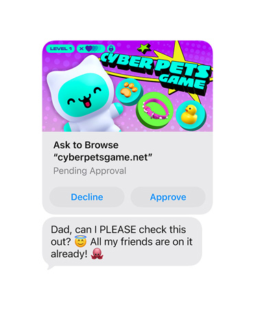 Ein Display zeigt eine Textnachricht mit einem Bildschirmfoto von cyberpetsgame.net, Tasten zum Ablehnen und Genehmigen unter der Grafik, Text der Nachricht: Papa, darf ich mir das ansehen? Alle meine Freund:innen sind schon drin.