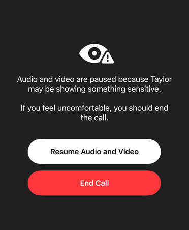 Automatisch generierte Nachricht für Eltern zu sensiblen und unsicheren Inhalten, die ihr Kind möglicherweise in einem FaceTime Anruf sieht, mit Optionen, um Audio und Video fortzusetzen oder den Anruf zu beenden