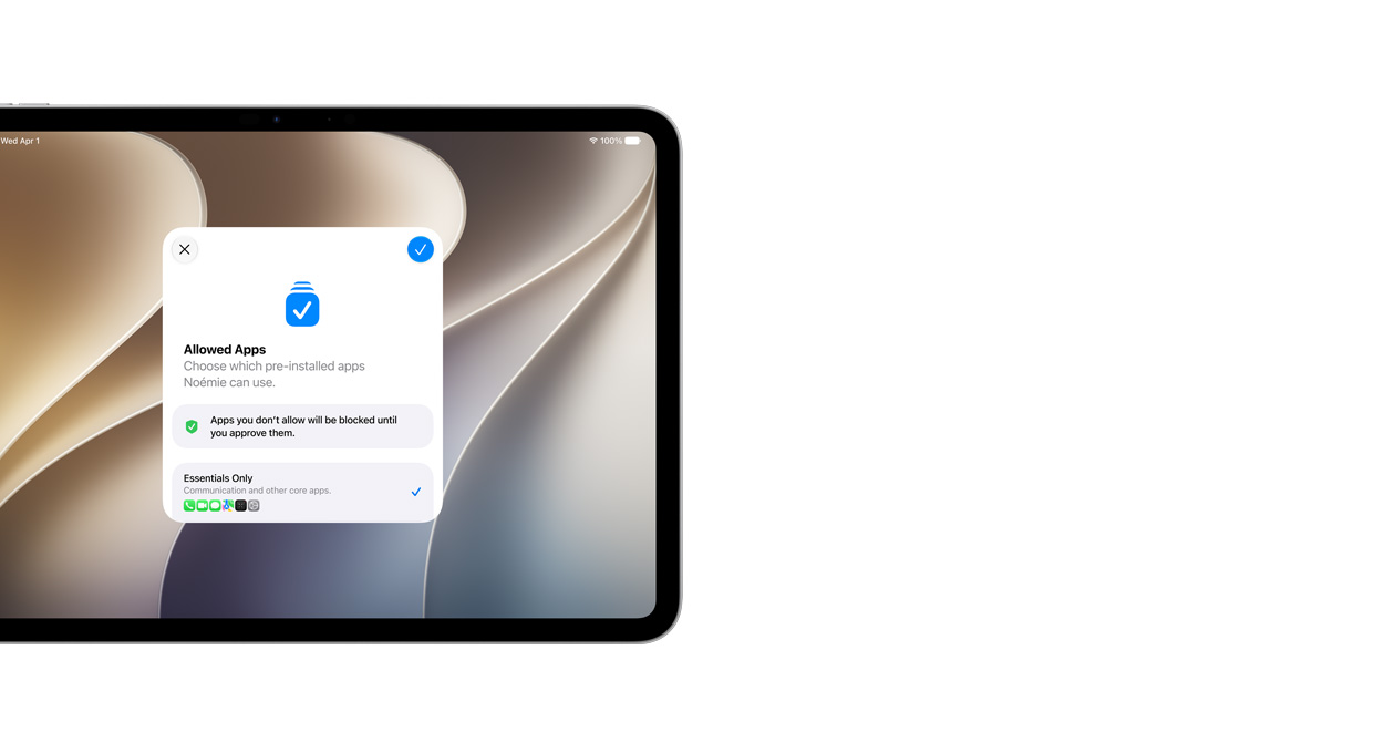 11 Zoll iPad Pro, Silber, das Display zeigt Apps für den Systemassistenten mit einer Auswahl an Apps, die Eltern für ihr Kind auswählen können