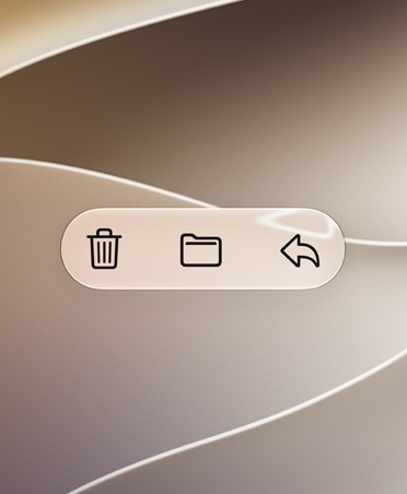 Mail App Funktionstasten, darunter Löschen, Bewegen und Antworten vor einem wirbelnden goldenen Hintergrund, der hohe Kontrast macht sie gut lesbar