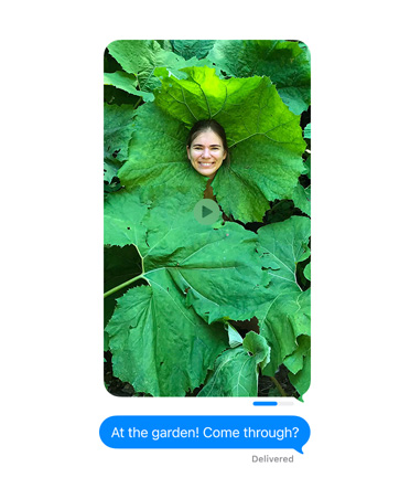 Écran montrant la photo d’une personne au milieu d’une plante verte envoyée dans Messages avec une barre d’indication d’envoi indiquant la progression de l’envoi, indication de message distribué sous l’image, texte indiquant : Dans le jardin ! Tu viens ?