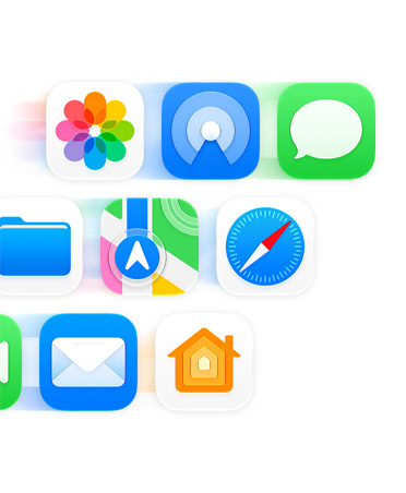 Ein Raster aus App-Symbolen, darunter Nachrichten, Safari und Mail