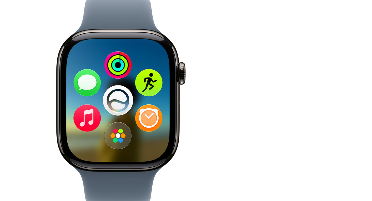 Apple Watch Series 11, Titan Schiefer, das Display zeigt das dynamische App Raster