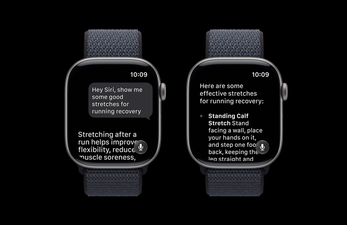 Apple Watch Series 11, Grau, das Display zeigt eine Unterhaltung mit Siri AI über Training