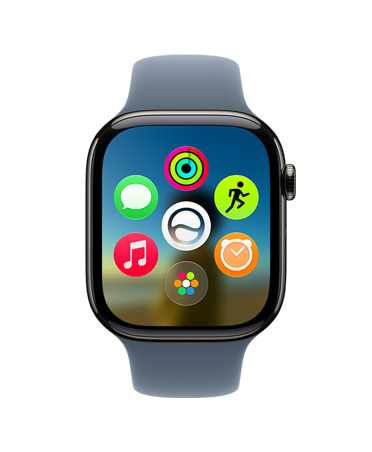Apple Watch Series 11, Titan Schiefer, das Display zeigt das dynamische App Raster