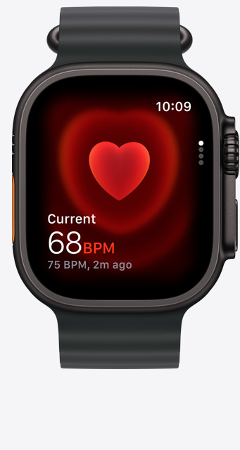 Tampilan depan layar aplikasi Detak Jantung pada Apple Watch Ultra 3 yang memperlihatkan angka BPM saat ini sebesar 68.
