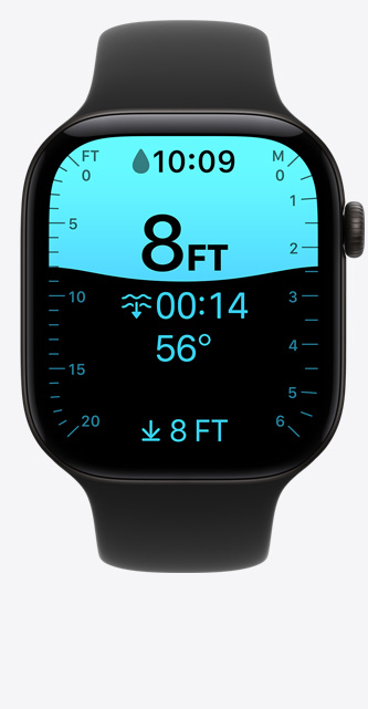 Apple Watch Series 12, aluminum case, black color, Depth app screen, dive at 8 feet, Sport Band, black color