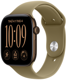 Apple Watch Series 12, vỏ nhôm, màu đồng đậm, mặt ngoài bên phải, núm xoay Digital Crown, micrô, nút sườn, kết nối với Dây Đeo Thể Thao, màu xanh ô-liu (xanh lá đất), thiết kế khóa cài và chốt (chốt màu bạc)