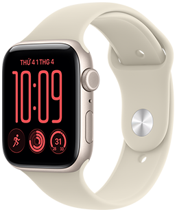 Apple Watch SE 3, vỏ nhôm, màu đêm xanh thẳm, mặt đồng hồ Tuôn Chảy, mặt ngoài bên phải, Digital Crown, micrô, nút sườn, Dây Đeo Thể Thao Màu Đêm Xanh Thẳm, khóa cài và chốt Đêm Xanh Thẳm