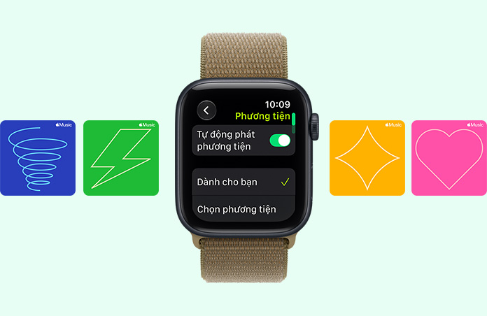 Apple Watch SE 3, vỏ nhôm, màu đêm xanh thẳm, gợi ý danh sách phát khi tập luyện từ Apple Music, dây đeo, Dây Quấn Thể Thao, màu rừng xanh