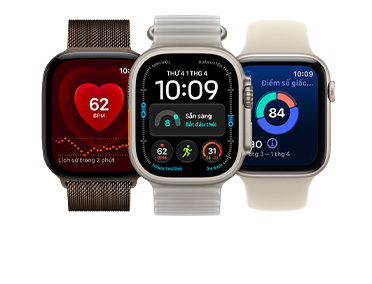 Three Apple Watch devices: Apple Watch Series 11, rose gold color, aluminum case, Apple Music, playlist controls, right side exterior, Digital Crown, light blush color Sport Band, silver pin-and-tuck closure, Apple Watch Ultra 3, natural color, titanium case, edge-to-edge display, photo overlaid on time, right side exterior, Digital Crown, anchor blue color Ocean Band, tubular fluoroelastomer rubber, Apple Watch SE 3, aluminum case, midnight color, right side exterior, Digital Crown, advanced Outdoor Run workout metrics