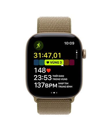Apple Watch Series 12, aluminum case, light gold color, Outdoor Run workout open, heart rate in Heart Zone 3, Sport Loop band, olive color (brownish-green)