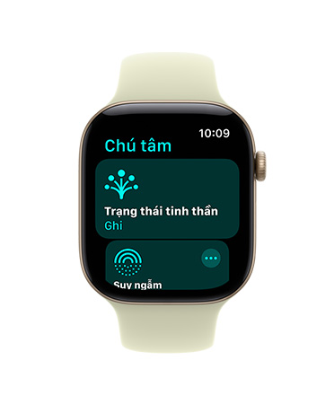 Apple Watch Series 12, aluminum case, light gold color, Mindfulness app open, Sport Band, pale succulent color (light yellow-green)