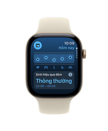Apple Watch Series 12, aluminum case, space gray color, Vitals app, chart scoring health, overnight vitals typical notification, Sport Band, sand color (pale tan)