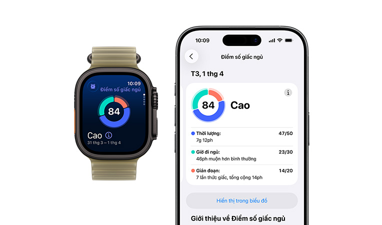 Apple Watch Ultra 4, titanium case, black color, sleep score circle graph and rating, Ocean Band, translucent kelp color (pale brownish green), full sleep analysis open on paired iPhone