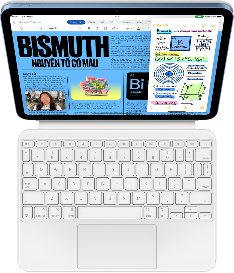 iPad gắn với Magic Keyboard Folio, màn hình hiển thị SlideOver với Microsoft Word và Ghi chú, cuộc gọi FaceTime đang diễn ra cùng lúc.