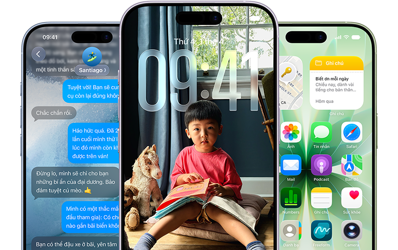 Các thiết bị iPhone 17, vỏ ngoài mặt trước, các màu: xanh lam khói, tím oải hương, xanh lá xô thơm, các tính năng iOS - Nền có các tin nhắn, Liquid Glass hiển thị Màn Hình Khóa và Màn Hình Chính với nhiều ứng dụng khác nhau được hiển thị