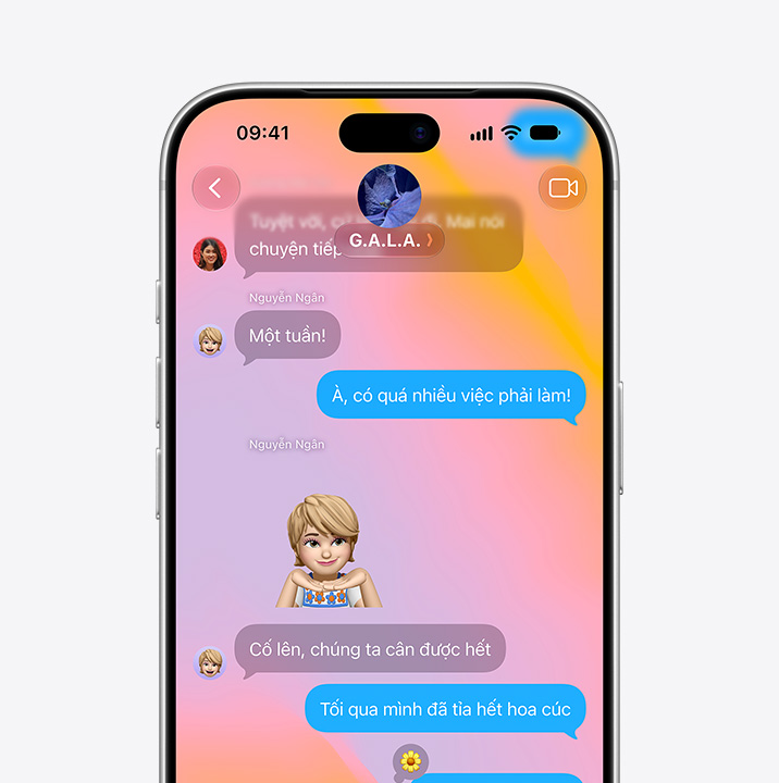 iPhone screen open to Messages app. Screen shows text conversation between two people that includes a Memoji.