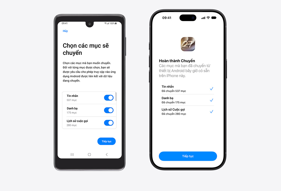 Android device on left, iPhone on right. Android device displays the Move to iOS App, with Select Items to Transfer heading and Messages, Contacts, and Call History Selected. iPhone screen shows Transfer Complete.