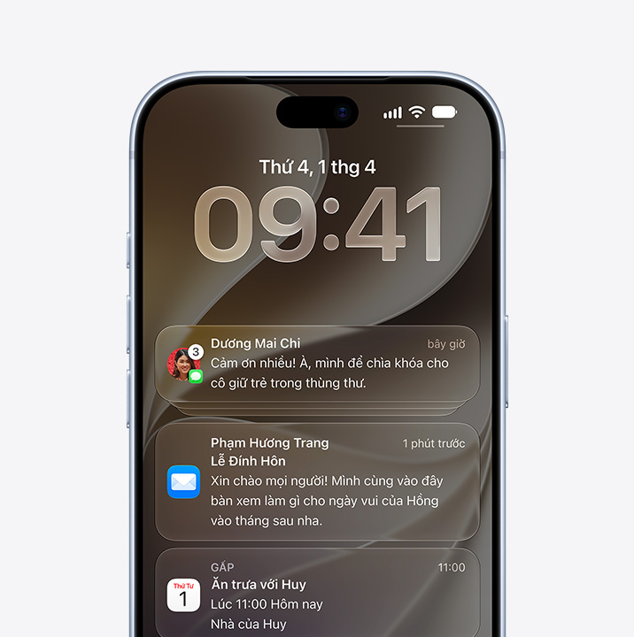 iPhone 18 Pro, front exterior, Messages, Mail, and Calendar app notifications on locked screen