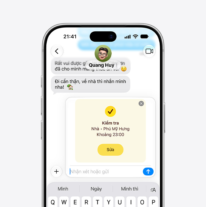 iPhone 18 Pro, front exterior, Messages app open with Check In feature notifying recipient that the sender has arrived home