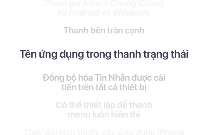 Một danh sách các tính năng theo chiều dọc, với “Tin Nhắn được đồng bộ hóa tốt hơn giữa các thiết bị” được hiển thị in đậm ở giữa. Các tính năng xung quanh mờ dần vào nền phía trên và dưới.