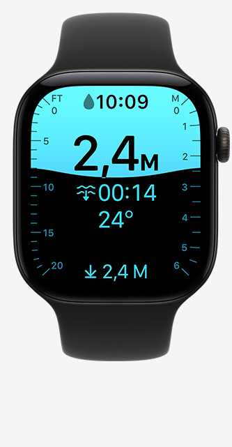 Apple Watch Series 12, aluminum case, black color, Depth app screen, dive at 8 feet, Sport Band, black color